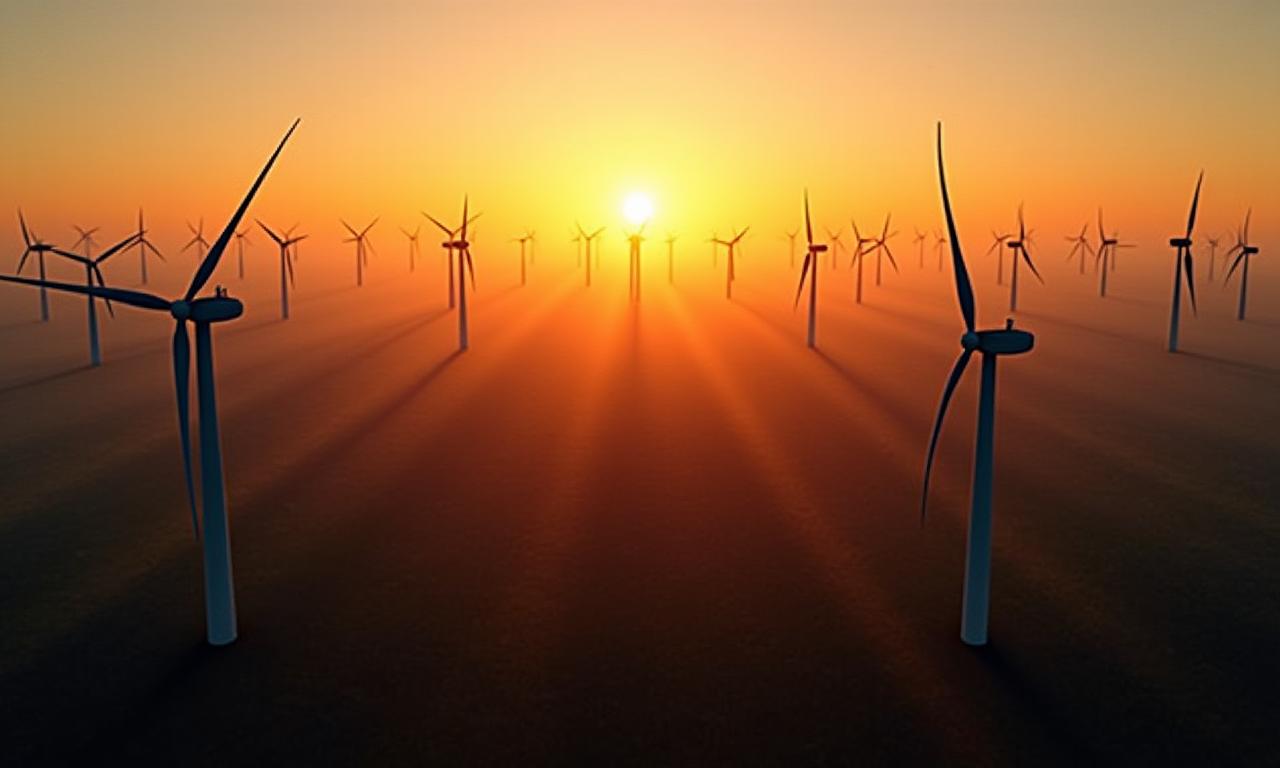 Pemandangan udara ladang turbin angin semasa matahari terbenam